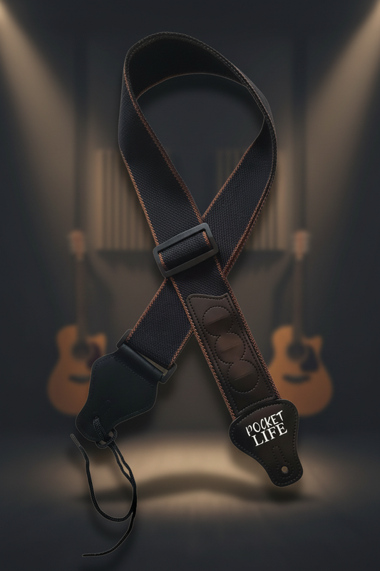 Black and brown Pocket Life guitar strap with professional studio background