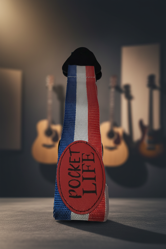 Pocket Life guitar strap with a professional music-studio background