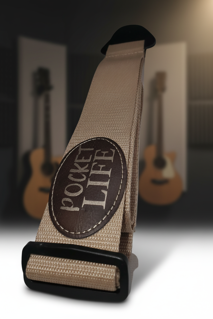 Pocket Life guitar strap with a professional music-studio background