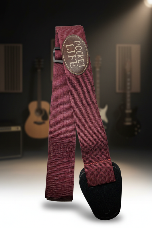 Pocket Life guitar strap with professional music-studio background