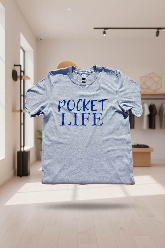 Pocket Life tee with a professional apparel-studio background
