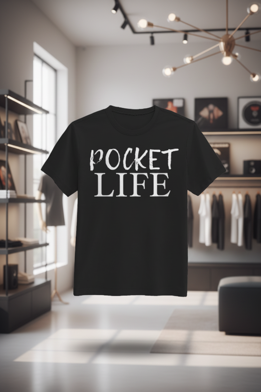 Pocket Life tee with a professional apparel-studio background